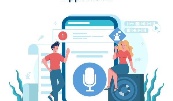 Rhetoric or elocution specialist online service or platform. Professional speaker or commentator. Broadcasting or business seminar speaker. Application. Isolated flat vector illustration