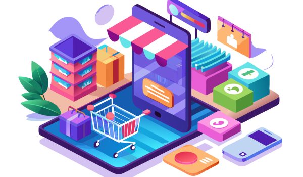 Isometric illustration of online shopping on a smartphone.