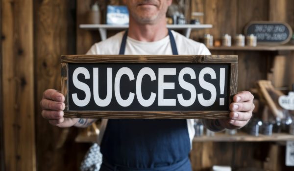 Local small business owner promotes Saturday sale with a success sign on a rustic wooden background ok