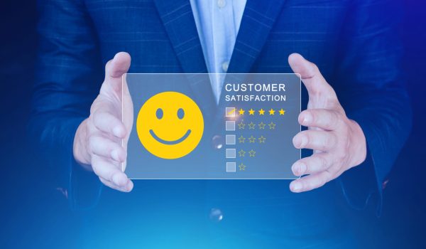 User gives rating to service experience on online application, Customer review satisfaction feedback survey concept, Customer can evaluate quality of service leading to reputation ranking of business.